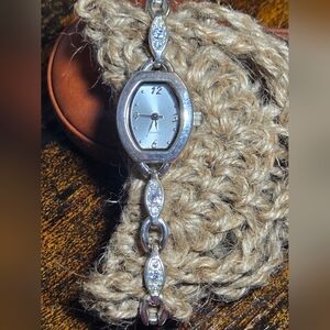 Vintage Silver Tone Rhinestone Bracelet Watch - Oval Face - Japan Movement